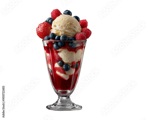 Strawberry and berry parfait on white background