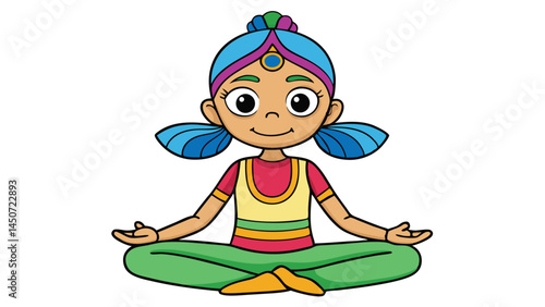 Cartoon girl in lotus pose practicing yoga for relaxation and meditation