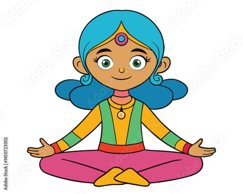 Cartoon girl meditating in lotus position young yogi illustration
