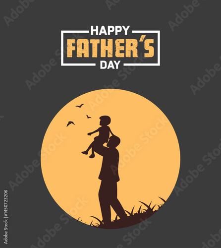 Silhouette vector of a father lifting his child in front of a sunset circle, symbolizing love, care, and family bond. Perfect for Father’s Day greeting cards, posters, and celebration designs.