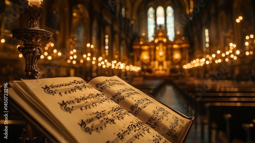 Intricate sheet music in a grand cathedral bathed in golden light