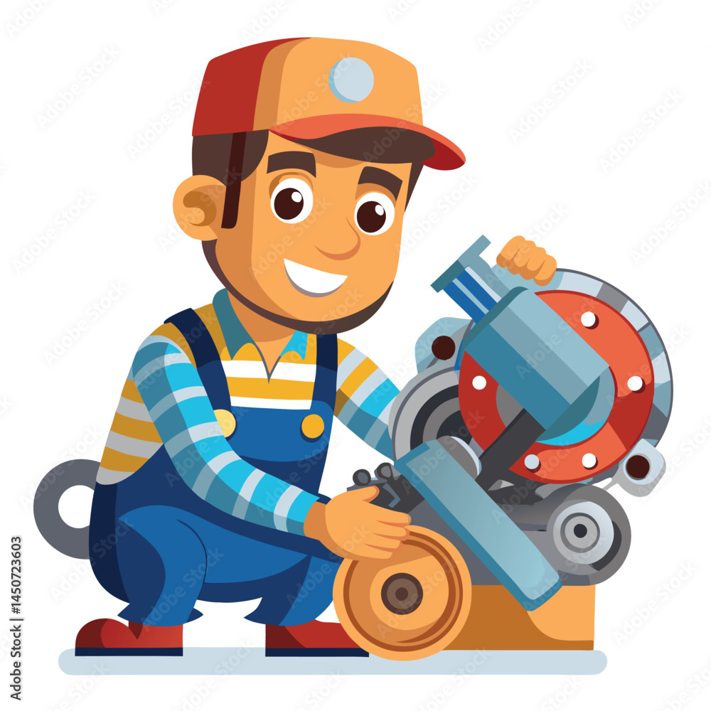 Cartoon mechanic fixing machine machinery worker repairing equipment maintenance profession industry illustration Cartoon mechanic fixing machine machinery worker repairing equipment maintenance profession industry illustration