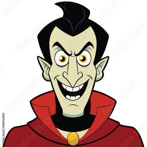 Cartoon vampire character with red cape and evil grin on a white background