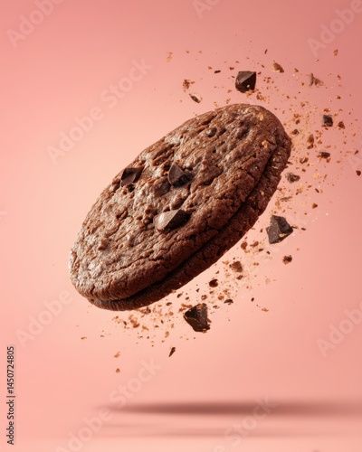 Delicious chocolate chip cookie levitating on a soft pink background with crumbs and chocolate pieces