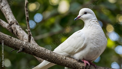 A beautiful white dove perched on a tree.