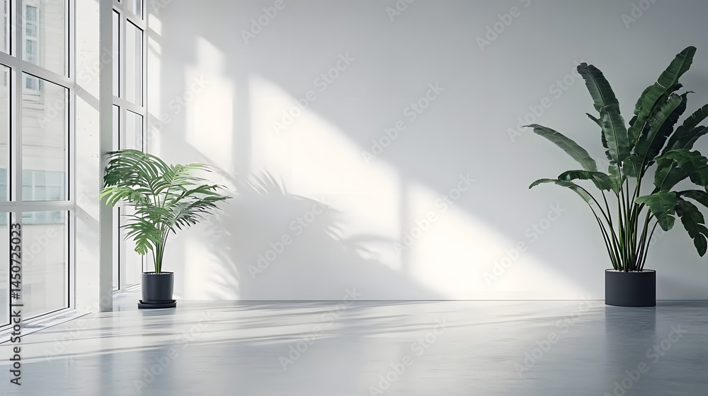 White open space office blank wall, A room with a white wall that has a plant on it White open space office blank wall, A room with a white wall that has a plant on it