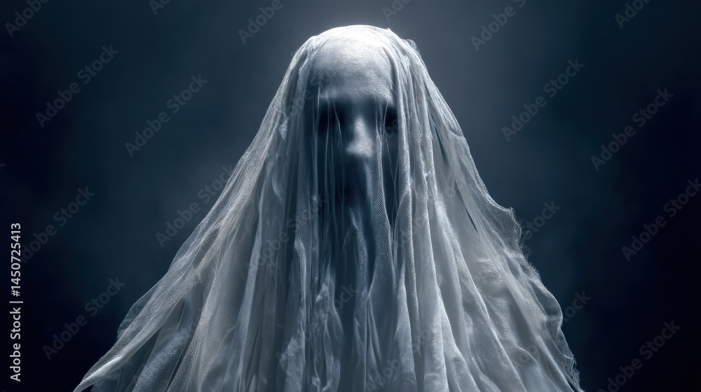 Ethereal figure shrouded in white fabric, creating a mysterious and haunting atmosphere. Moody lighting enhances the ghostly effect.