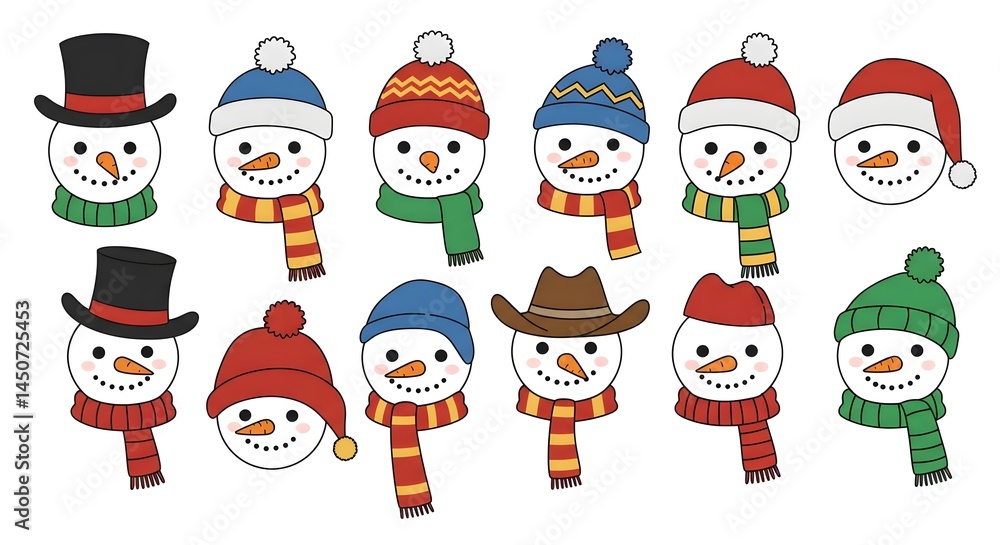 Festive Snowman Heads with Colorful Hats and Scarves Illustration Festive Snowman Heads with Colorful Hats and Scarves Illustration