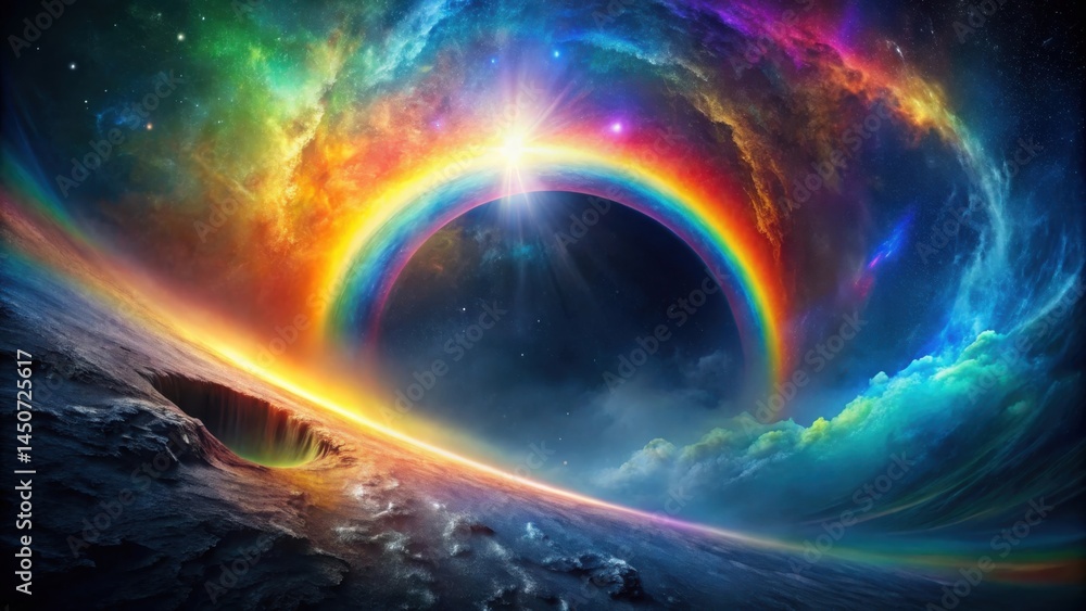 Obraz premium A Cosmic Rainbow Arcs Over a Celestial Horizon with a Glowing Sun and a Starry Night Sky