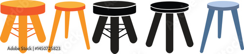 set of flat stool with three legs. Colorful three legged stool. Stool icon or design elements collection.