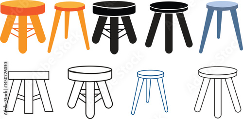 set of flat and line stool with three legs. Colorful three legged stool. Stool icon or design elements collection.