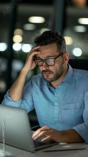 A man is sitting at a desk with a laptop in front of him. He is wearing glasses and he is in a state of confusion or frustration