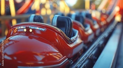 Vibrant Red Roller Coaster Carriages Poised for Thrilling Amusement Ride