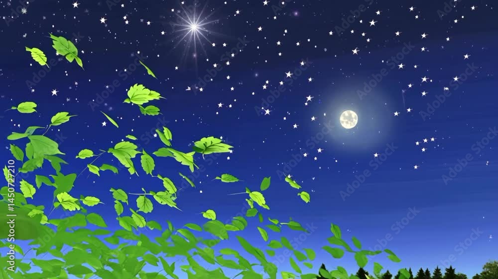 A serene night scene with vibrant green leaves against a starry sky, featuring a glowing moon. The atmosphere is tranquil and magical, evoking a sense of wonder. A serene night scene with vibrant green leaves against a starry sky, featuring a glowing moon. The atmosphere is tranquil and magical, evoking a sense of wonder.