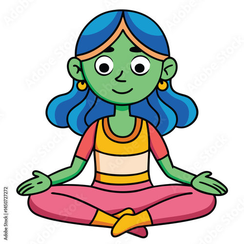 Cartoon woman in lotus position practicing meditation for health and wellness