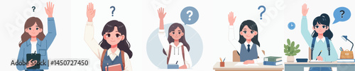 a female student is raising her hand to ask a question vector flat design style