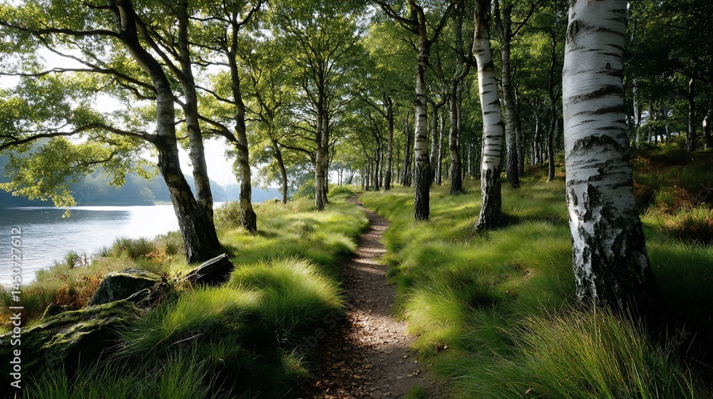 Fototapeta premium Forest path beside a serene lake