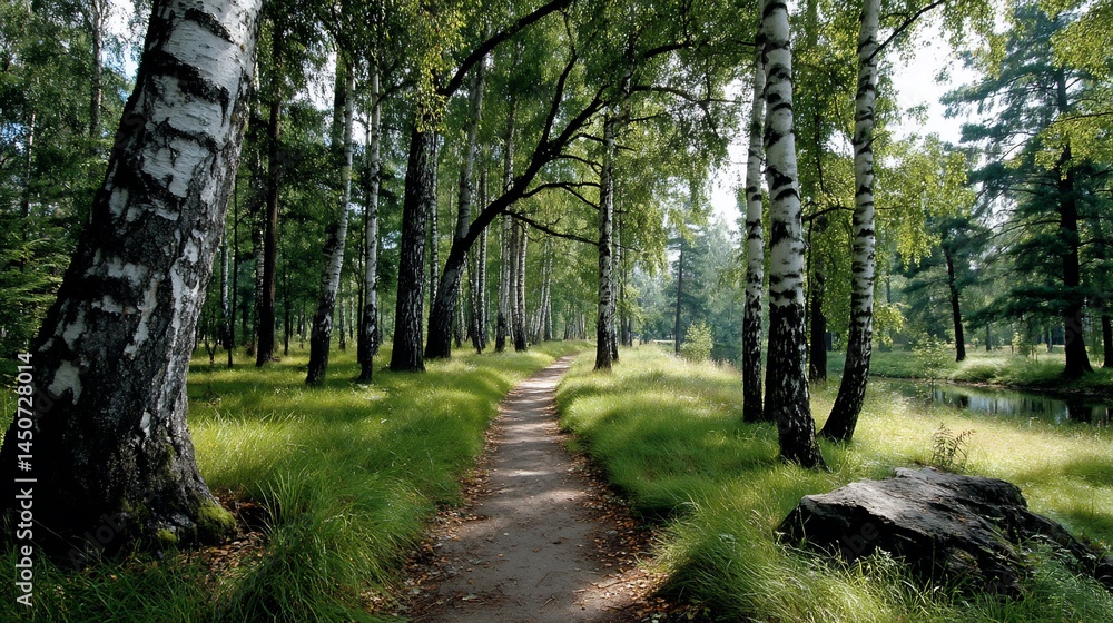 Fototapeta premium Forest path flanked by birch trees
