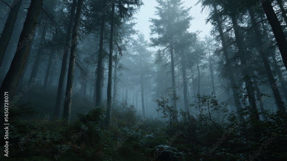 Obraz premium Mysterious fog hangs heavy in this dark, enchanting forest, creating an ethereal atmosphere. The tall trees stand tall and majestic, their silhouettes barely visible through the mist.