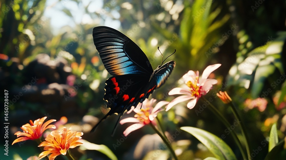 Fototapeta premium Colorful butterfly gracefully flying amidst a lush tropical flower garden
