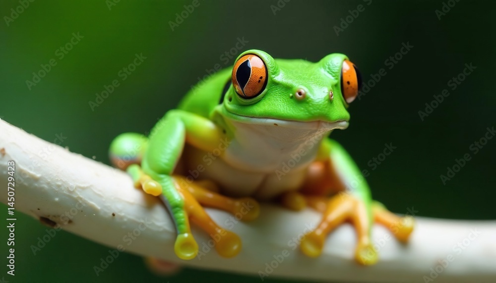 Obraz premium Green tree frog perched on white, vibrant skin, frog, green frog