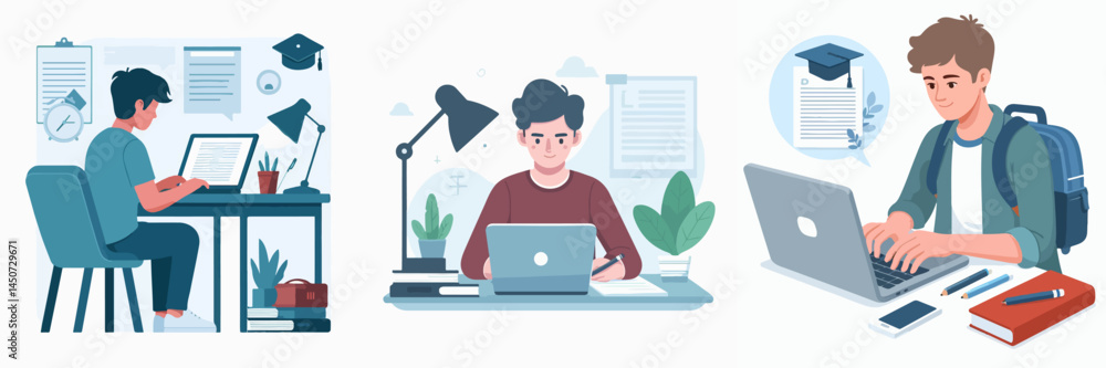 a student is typing an assignment on a laptop in a flat vector design style a student is typing an assignment on a laptop in a flat vector design style