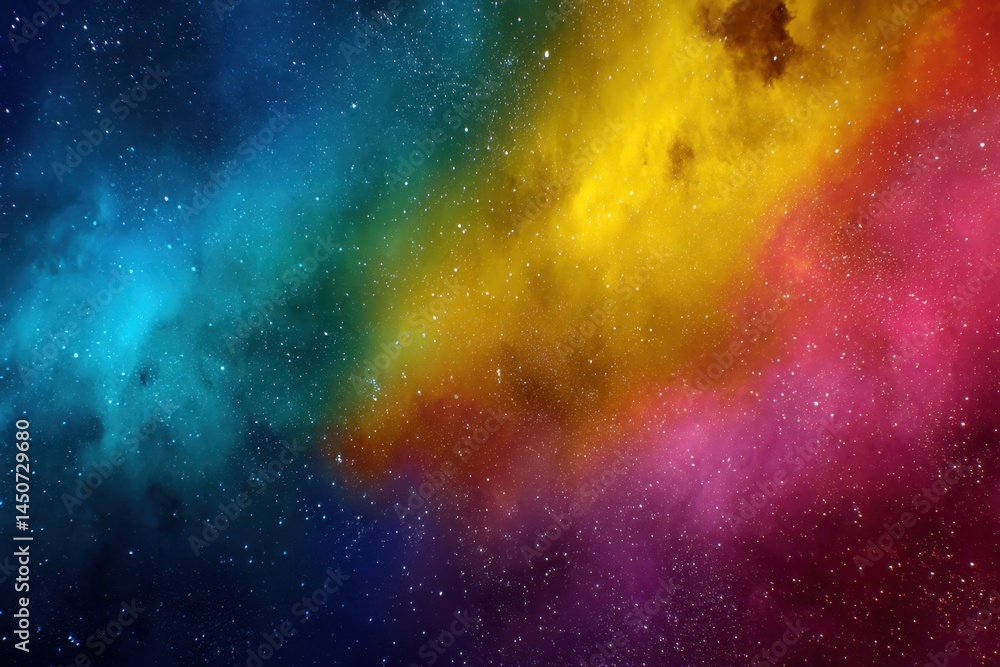 Naklejka premium Vibrant Cosmic Cloudscape with Rainbow Hues and Sparkling Stars for Dreamy Backgrounds