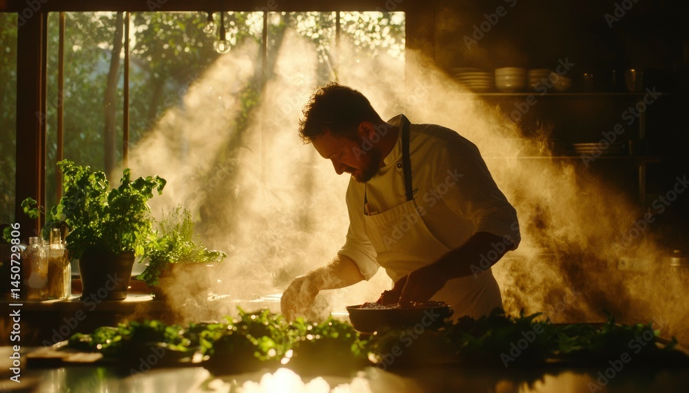 Fototapeta premium Chef preparing food in a rustic kitchen