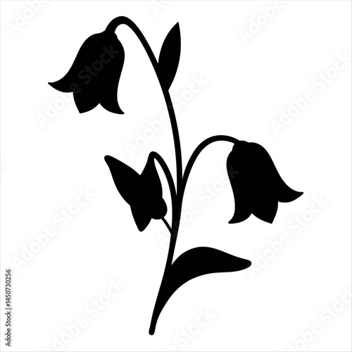 Black silhouette of two bell shaped flowers with leaves on a stem
