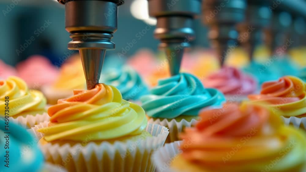 Robotic nozzles create colorful icing swirls on cupcakes in a delightful blend of whimsy and precision engineering