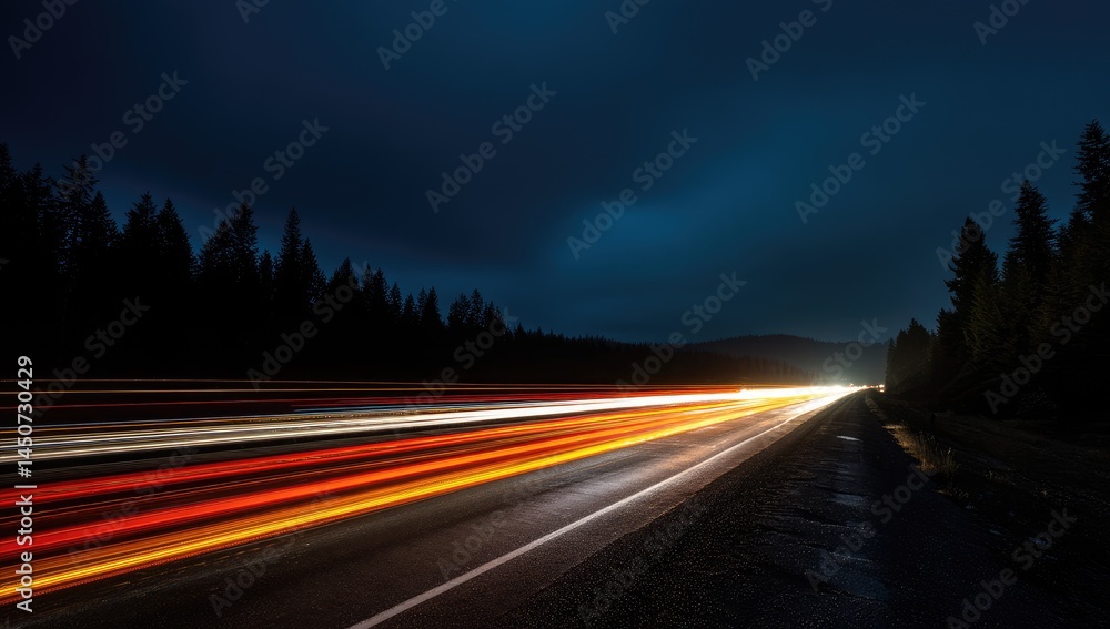 Fototapeta premium Night highway scene with blurred car lights streaks. Dark forest and mountain silhouette