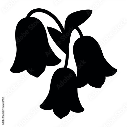 Graphic illustration of bell shaped flowers with leaves against a white background