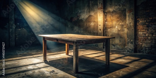 A solitary wooden table stands in a dimly lit room, bathed in a single beam of light streaming through a window, casting long shadows across the rough concrete floor.