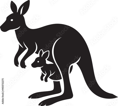A black vector silhouette illustration shows a funny wild kangaroo mammal with its joey, a marsupial from Australia