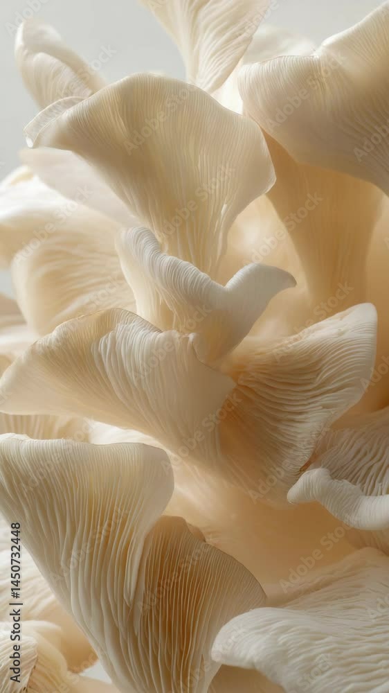 Oyster mushrooms cluster detail showing the texture, light and shadow on the delicate caps, creating an abstract organic pattern. Oyster mushrooms cluster detail showing the texture, light and shadow on the delicate caps, creating an abstract organic pattern.