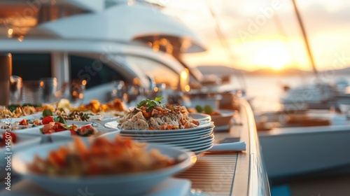 Sunset yacht party buffet with delicious food.