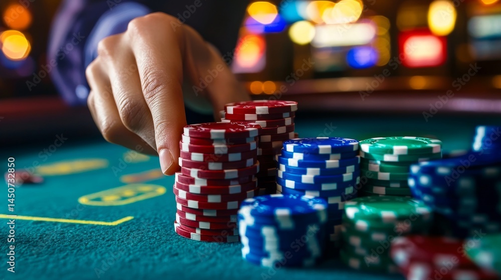 Poker Chips on Casino Table - High Stakes Game Poker Chips on Casino Table - High Stakes Game