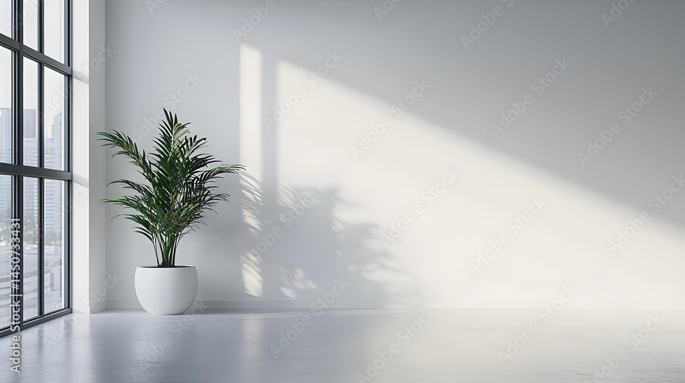 White open space office blank wall, A room with a white wall that has a plant on it White open space office blank wall, A room with a white wall that has a plant on it