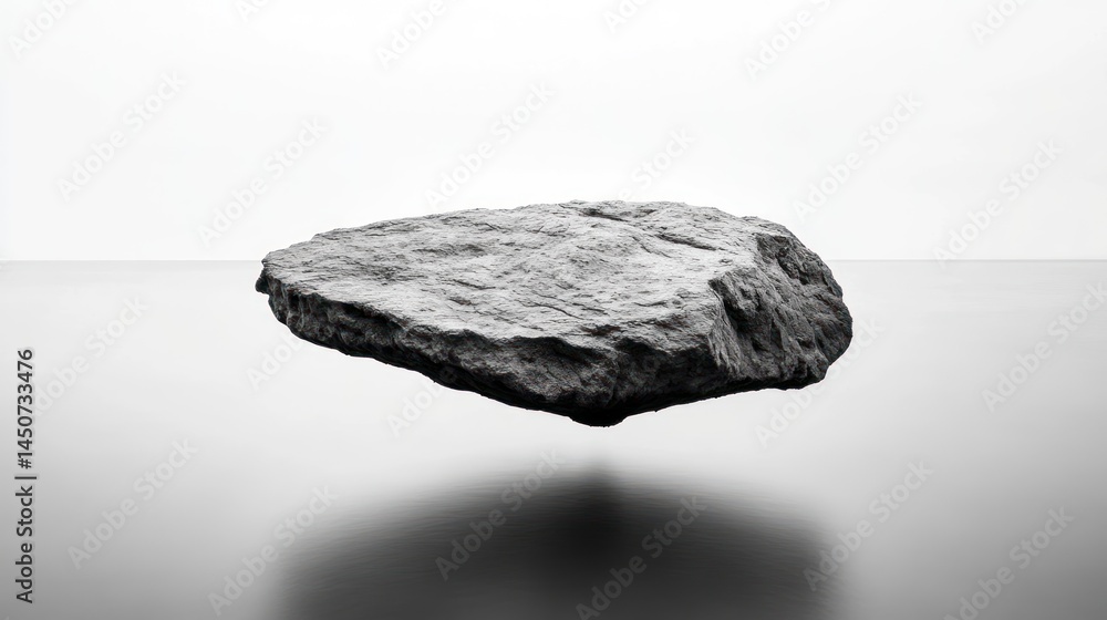 Fototapeta premium Levitating rock on grey background, monochrome studio shot.