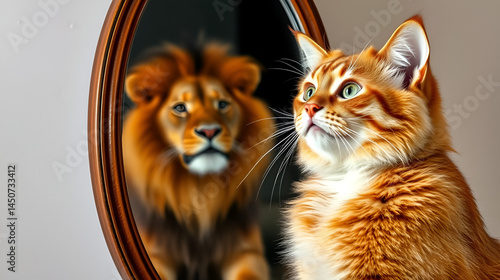 Confident Cat Looking in the Mirror Seeing a Lion. Motivational kitty feeling strong and believing in personal growth