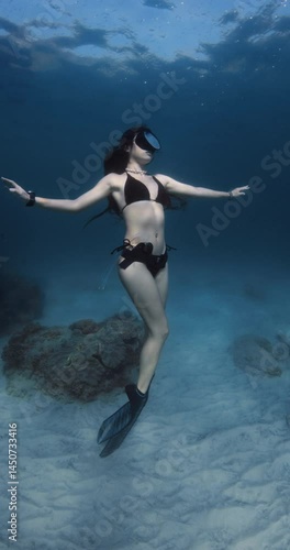 Wallpaper Mural Attractive woman posing underwater in blue ocean. Sexy diver girl freediving in sea Torontodigital.ca