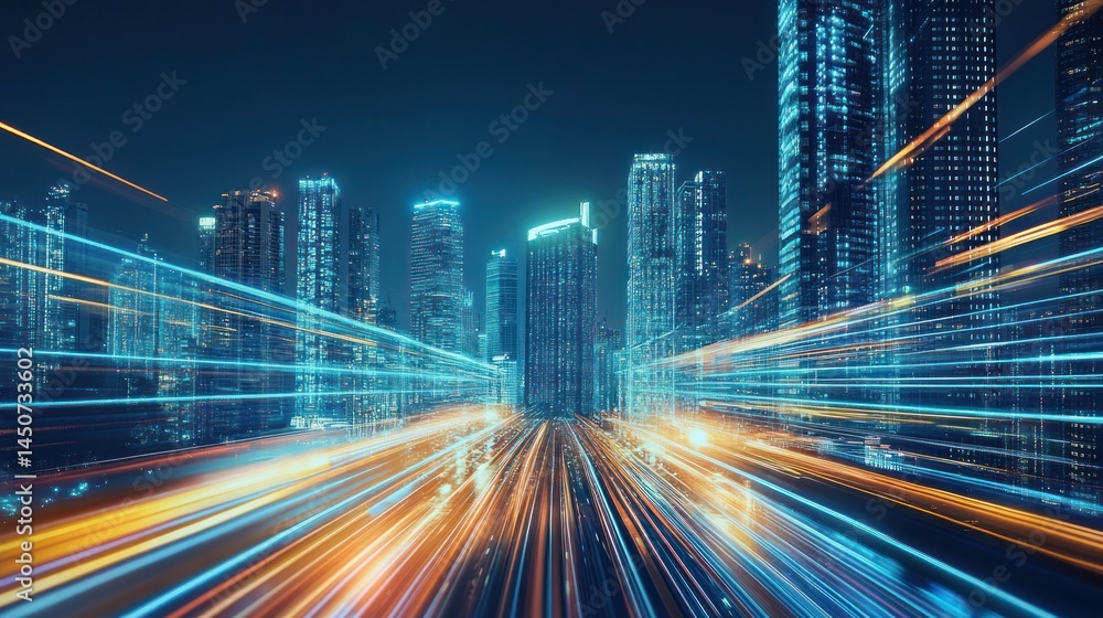 Obraz premium City at night with light trails and skyscrapers