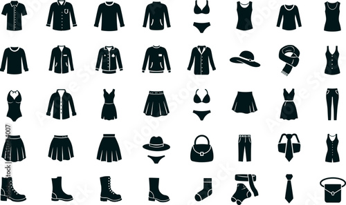 Clothing, fashion icon set. Vector glyph pictograms of shirt, dress, jacket, shoes, handbag, apparel, accessories and wardrobe black silhouette