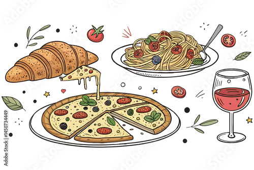 Hand Drawn Italian Food Vector Set  Crayon Doodle Style Icons for Menus & Parties