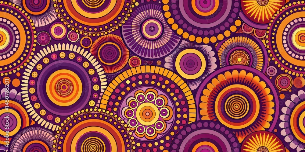A kaleidoscopic pattern of concentric circles, stylized flowers, and dots, rendered in warm hues of orange, yellow, and purple, creating a captivating visual tapestry. A kaleidoscopic pattern of concentric circles, stylized flowers, and dots, rendered in warm hues of orange, yellow, and purple, creating a captivating visual tapestry.