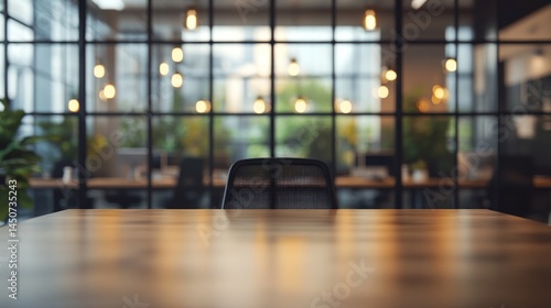 Empty wooden desk in modern office with blurred background of desks, chairs, and Edison lights.