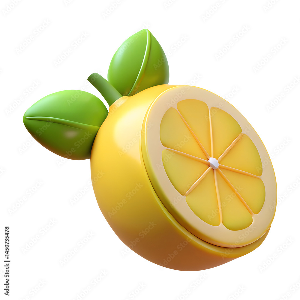 lemon slice with leaves 3d render icons in cartoon plastic style minimal isolated on transparent white background, clipping path