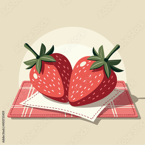 two fresh strawberries on checkered napkin