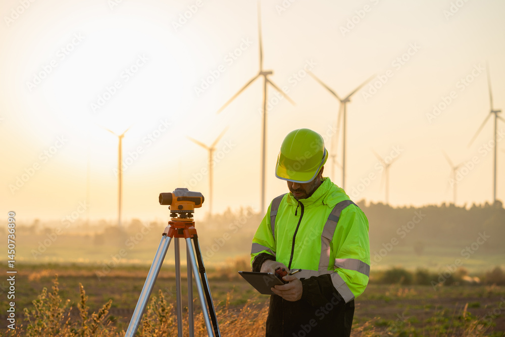 custom made wallpaper toronto digitalA field engineer surveys the land at sunset, with wind turbines behind as technology meets clean energy.