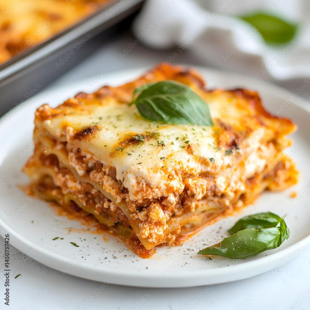 Photo of a slice of lasagna served on a white plate garnished with a fresh basil leaf Photo of a slice of lasagna served on a white plate garnished with a fresh basil leaf